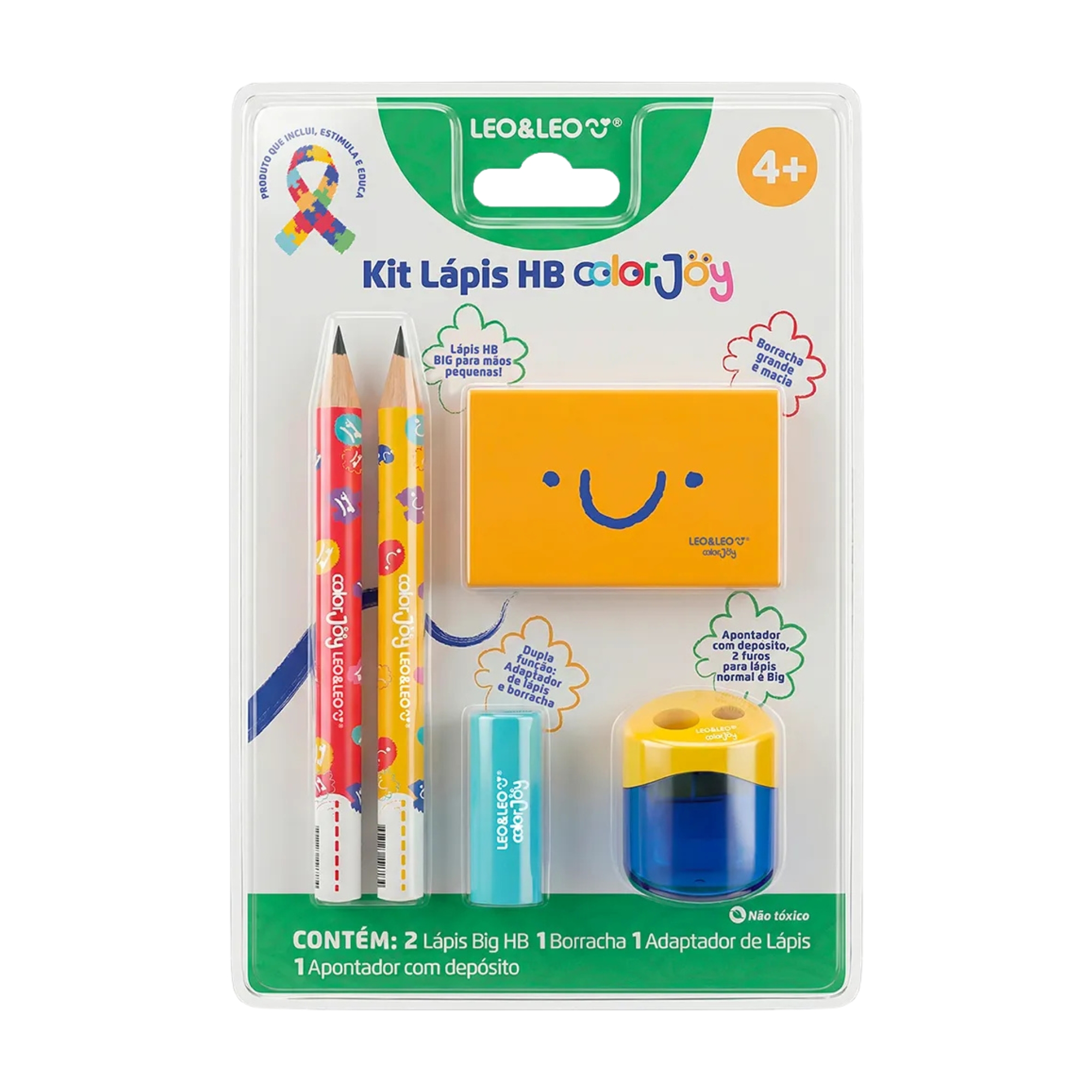 Kit Lápis Big HB Color Joy Adaptador Apontador e Borracha Blister Leo&Leo Leonora - 10846