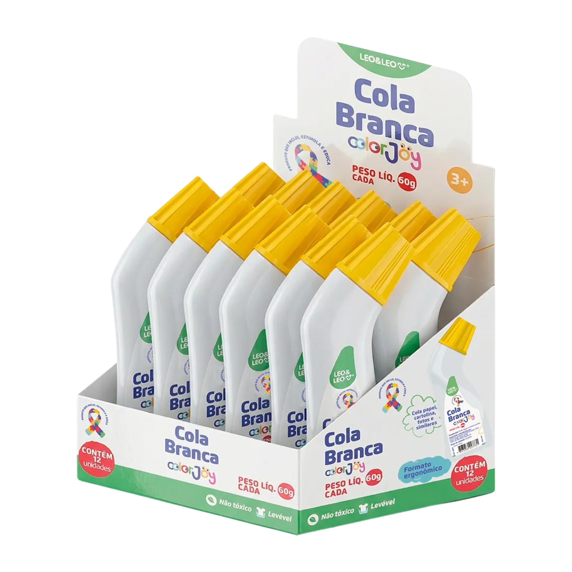 Cola Branca Escolar Liquida Ergonômica Color Joy 60g Display c/ 12 unidades Leo&Leo Leonora - 10873