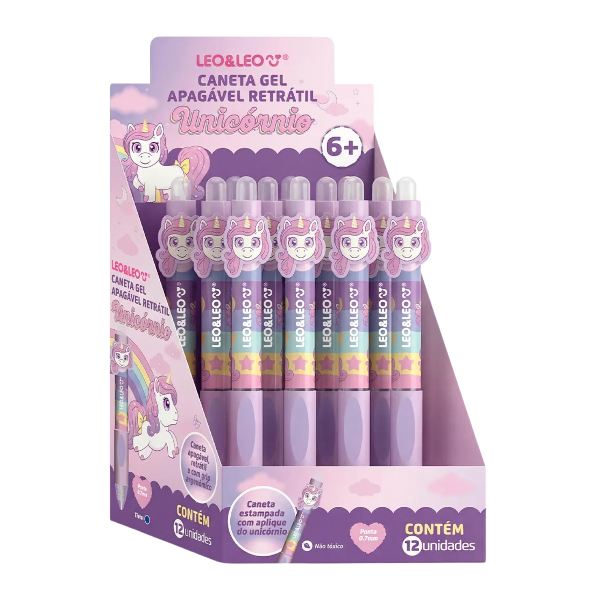 Caneta Gel Apagável Unicórnio com Aplique Display c/ 12 unidades LeoArte Leonora - 10877