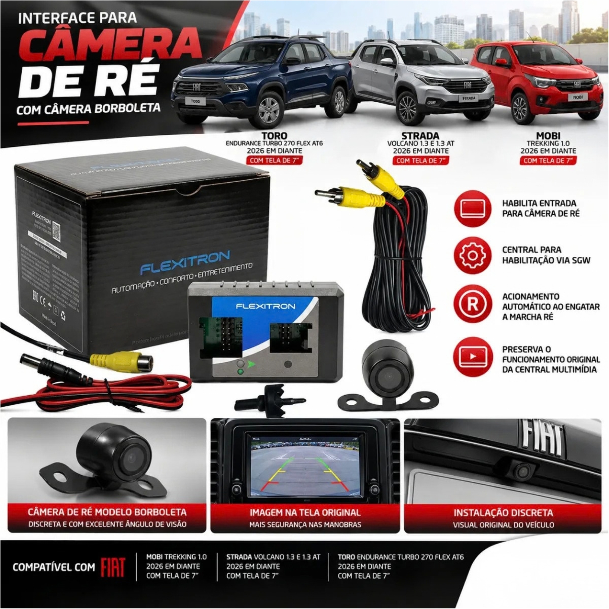 Interface p/ Câmera de Ré c/ Câmera Borboleta Mobi/Strada/Toro 2026 Flexitron - FIC FI-17 60801589