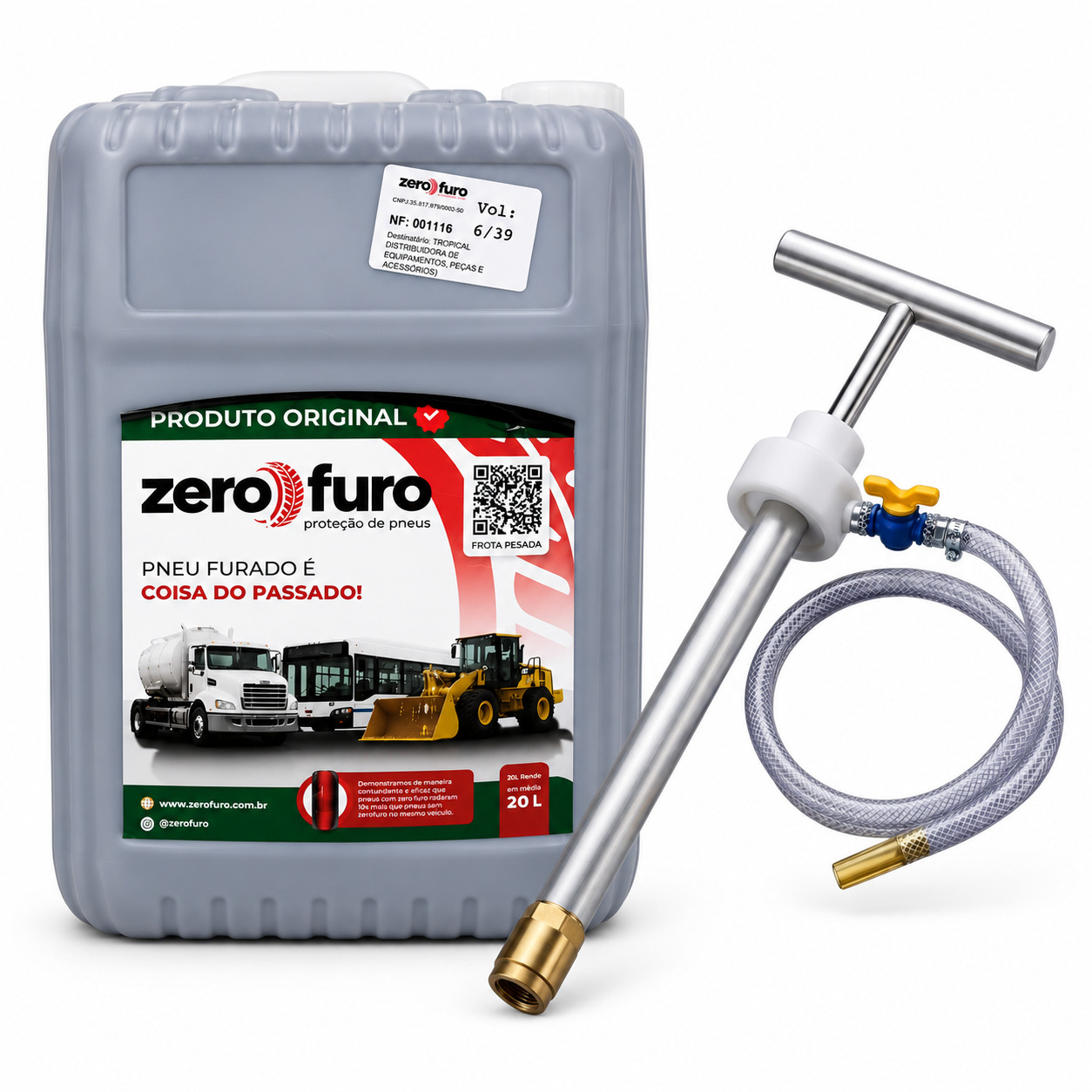 Kit Galão Selante para Pneu 20L (Frota Pesada) e Bomba de Aplicação Zero Furo