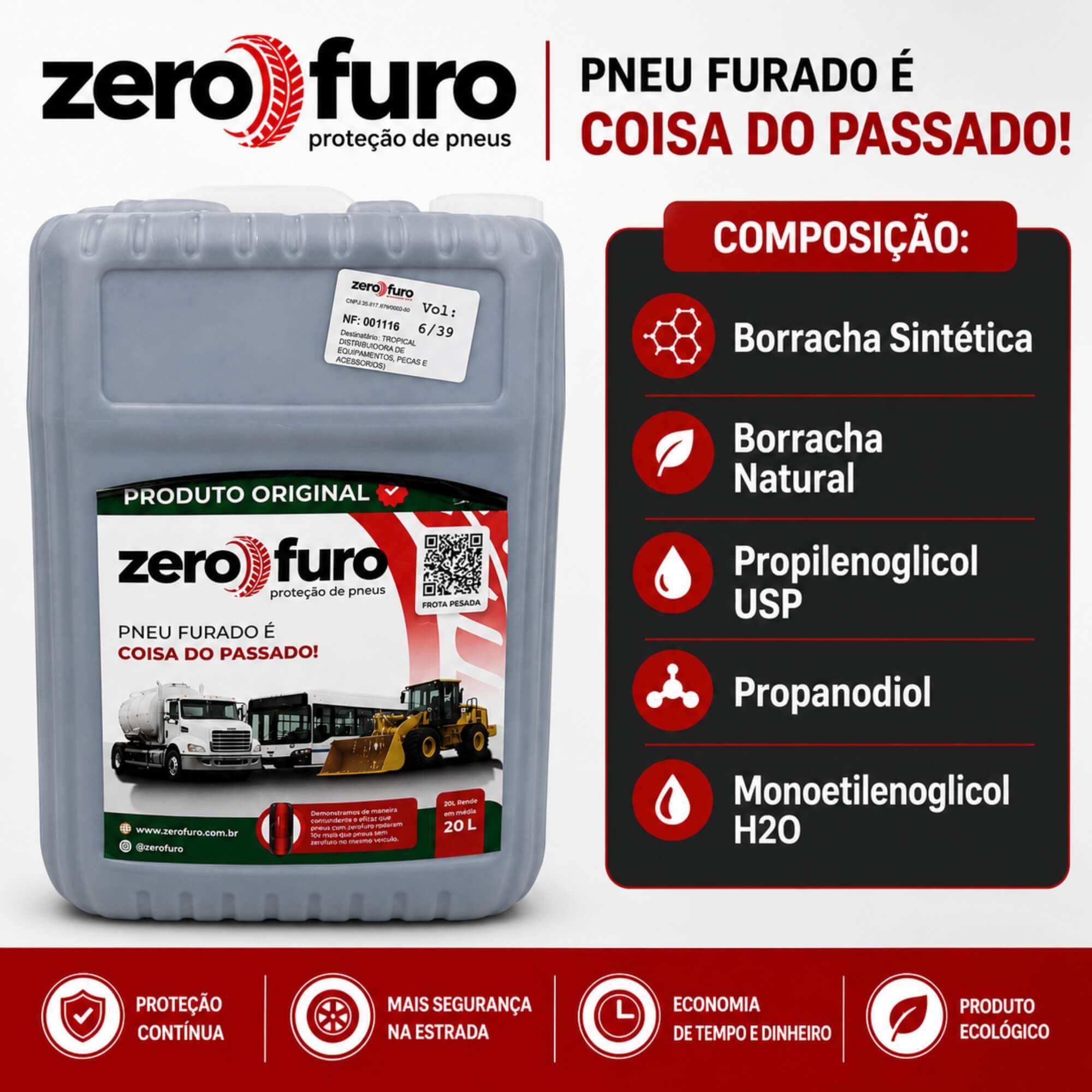 Kit Galão Selante para Pneu 20L (Frota Pesada) e Bomba de Aplicação Zero Furo