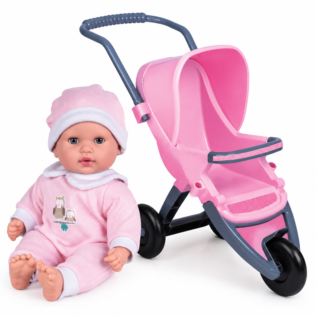 Kit Boneca Coleção Te Amo Bebê Menina com Carrinho Rosa 3 Rodas - Super Toys