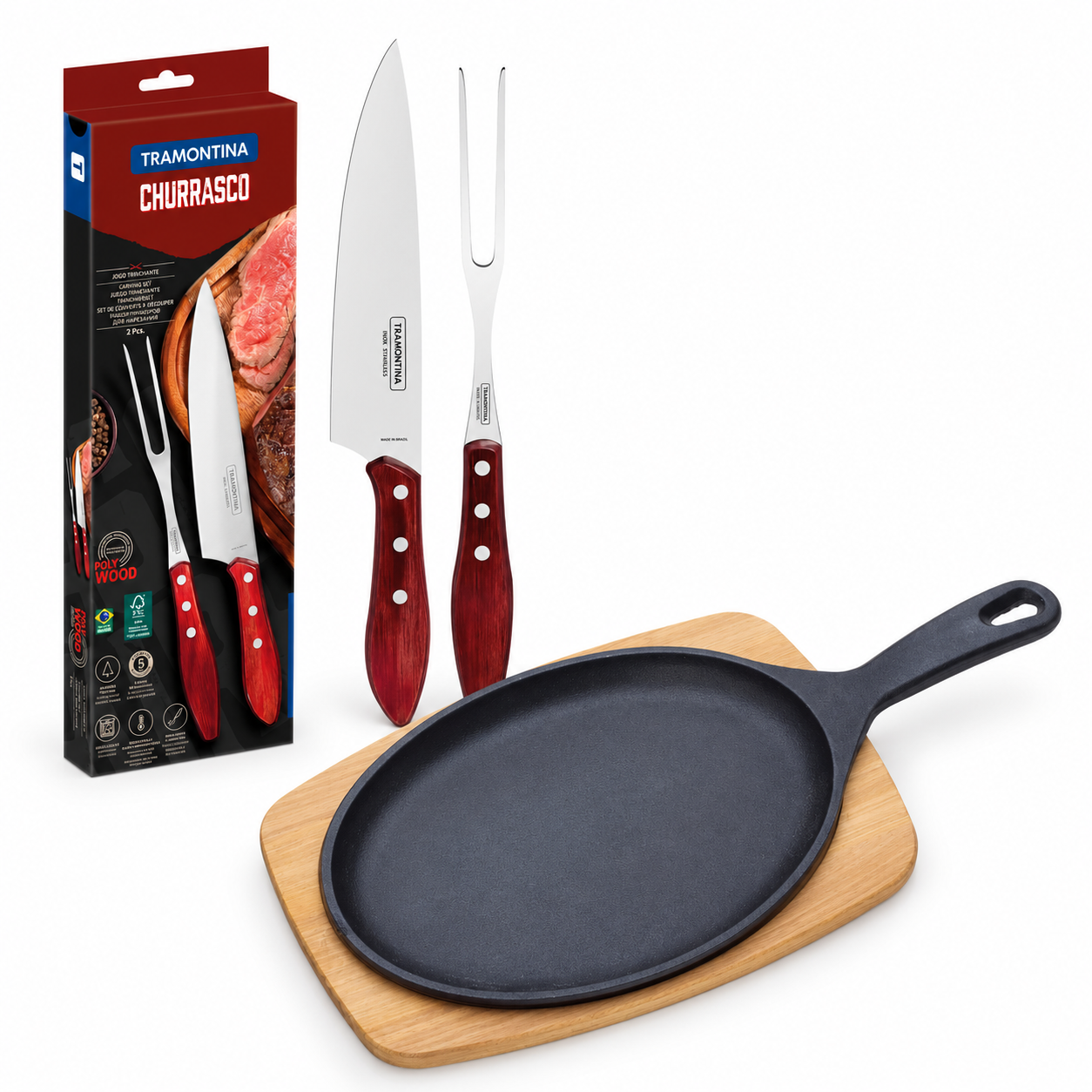 Kit Churrasco Tramontina Tábua Madeira Teca + Jogo Trinchante Polywood 2 Peças