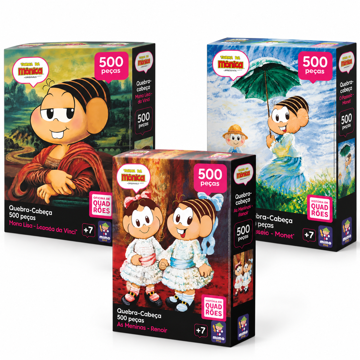 Kit Quebra-cabeças Turma da Mônica 500 Peças O Passeio Monet + As Meninas Renoir + Mona Lisa