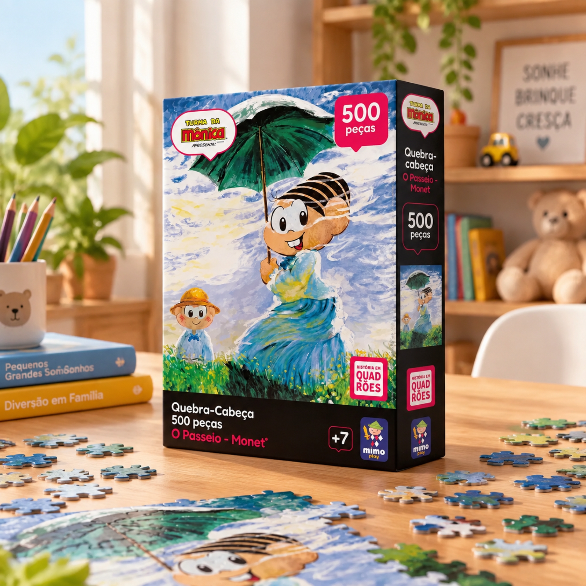 Kit Quebra-cabeças Turma da Mônica 500 Peças O Passeio Monet + As Meninas Renoir + Mona Lisa