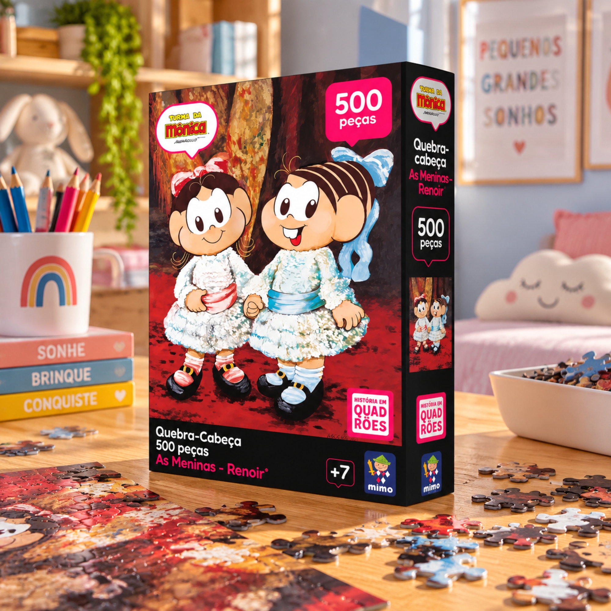 Kit Quebra-cabeças Turma da Mônica 500 Peças O Passeio Monet + As Meninas Renoir + Mona Lisa