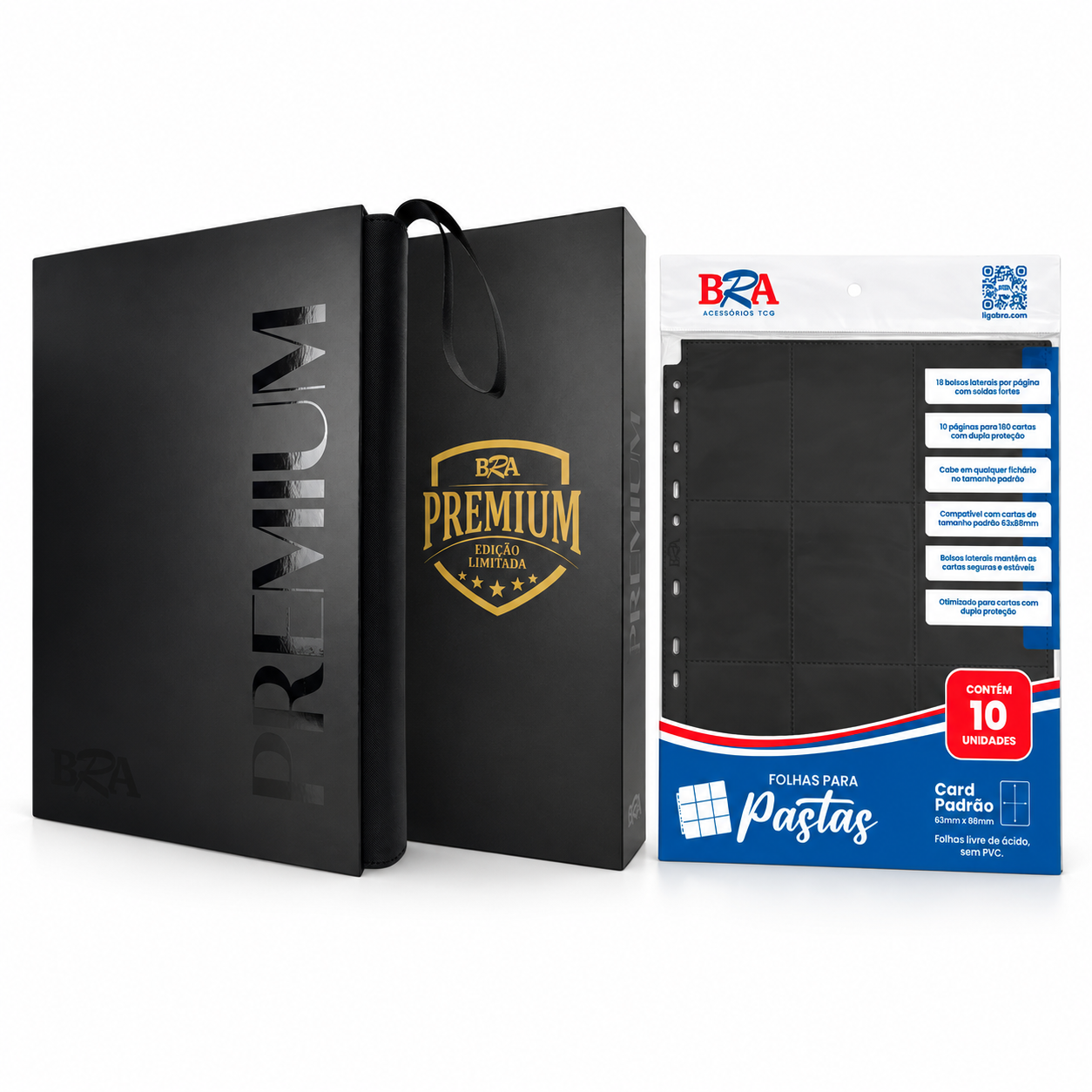Kit Pasta Premium TCG 3x3 Preta + 10 Folhas 18 Bolsos para Cards BRA