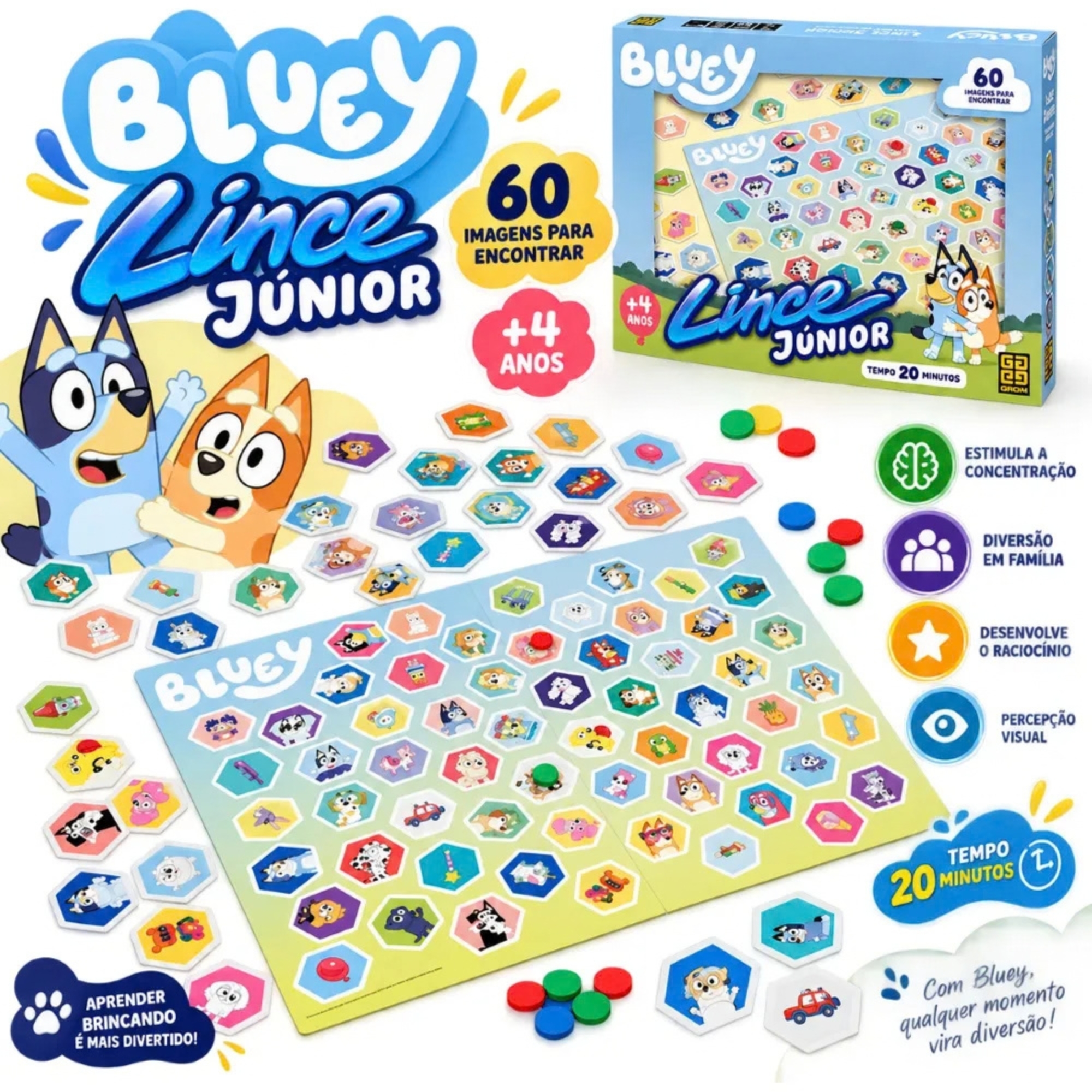 Jogo de Tabuleiro Lince Junior Bluey c/ 60 imagens Grow - 05345