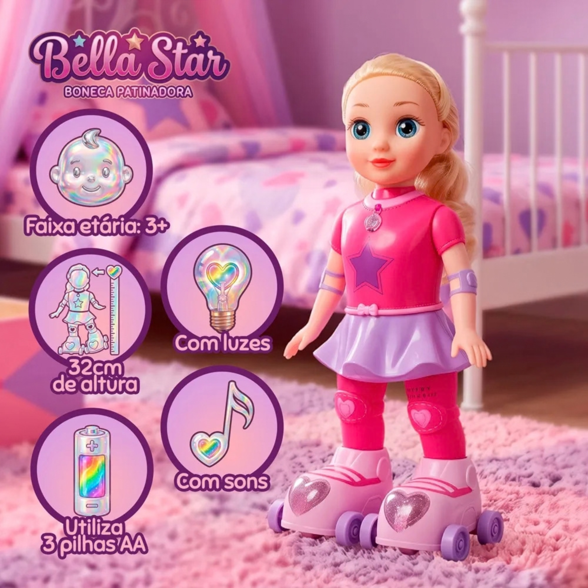 Boneca Bella Star Patinadora Com Movimentos Reais, Sons e Luzes Multikids - BR2794