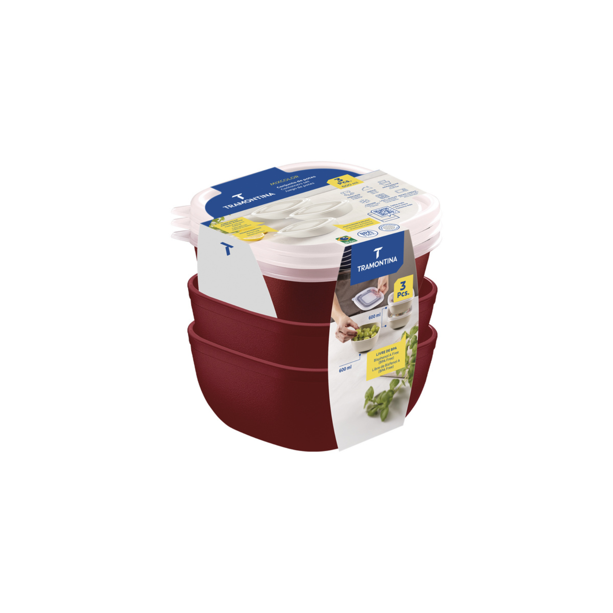 Jogo de Potes MixColor 600ml 3 Peças Vermelho Tramontina - 25098702