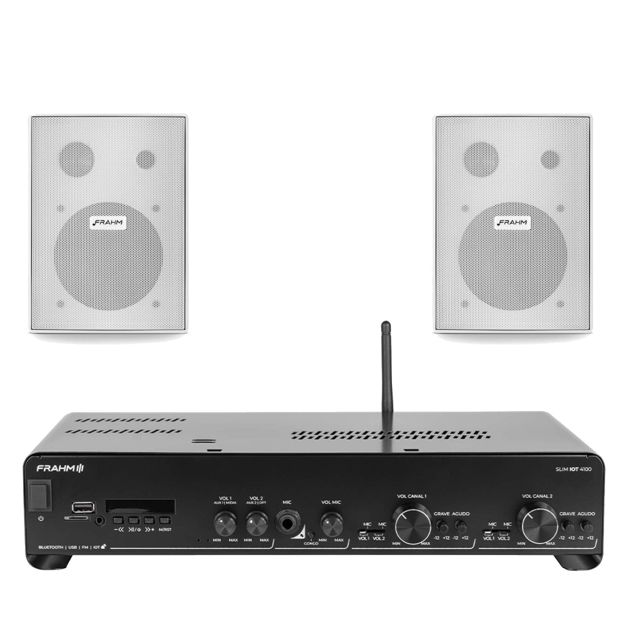 Kit Amplificador Slim IOT 4100 + 2 Caixas PS200 Branca -  Frahm