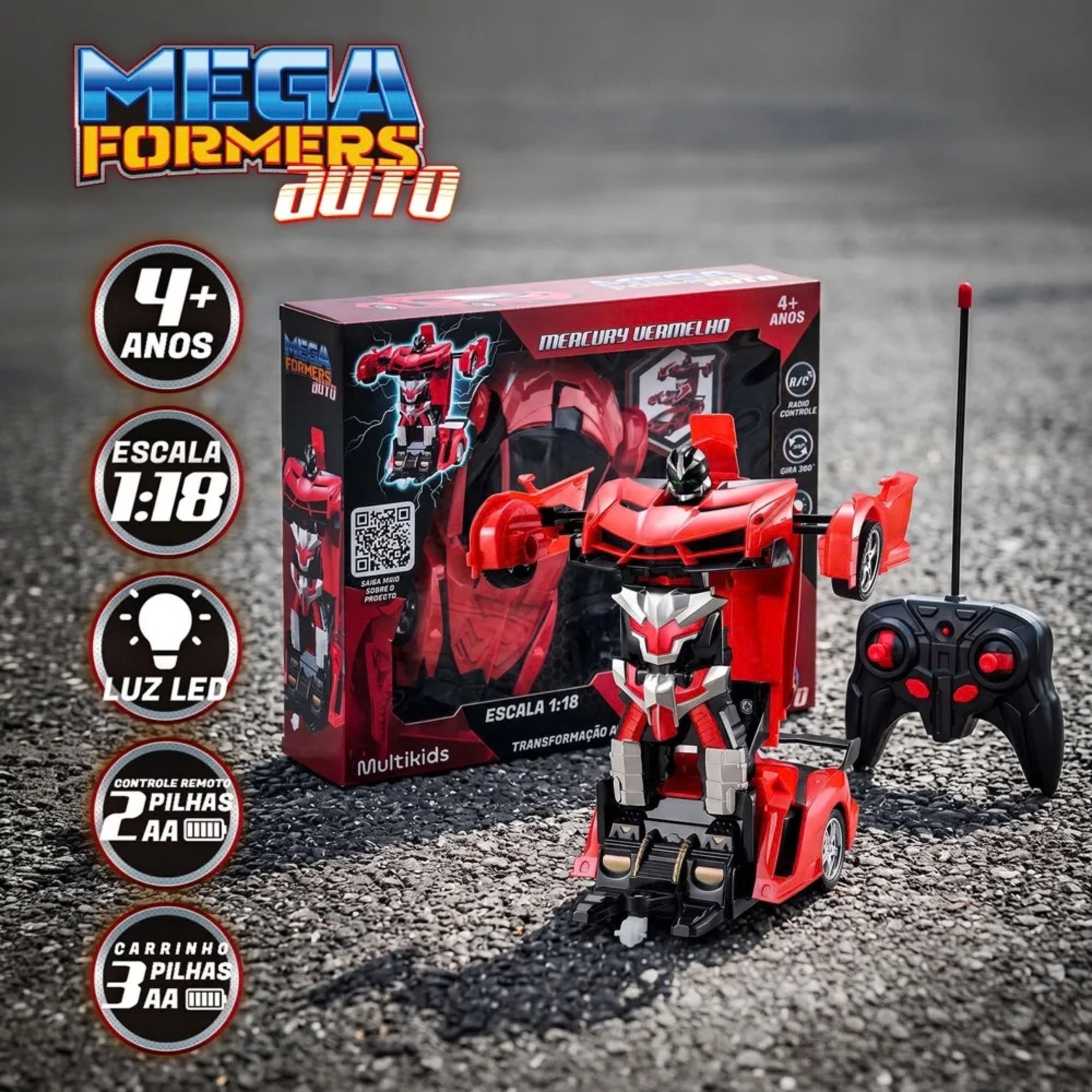 Carrinho Transformável Controle Remoto Megaformers Auto Mercury Vermelho Multikids - BR1649
