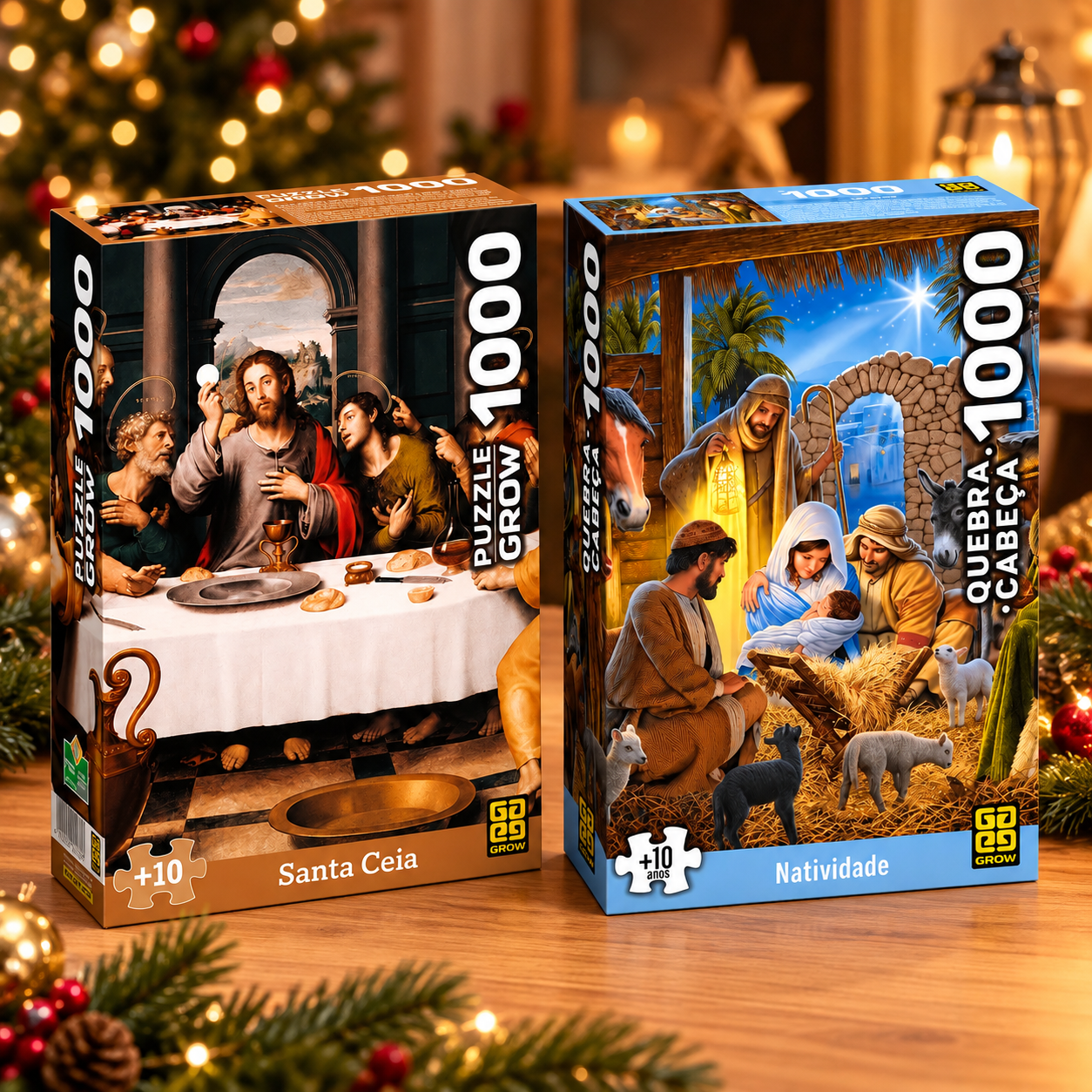 Kit Quebra-Cabeças Puzzle Santa Ceia e Nascimento de Jesus Com 1000 Peças Cada - Grow