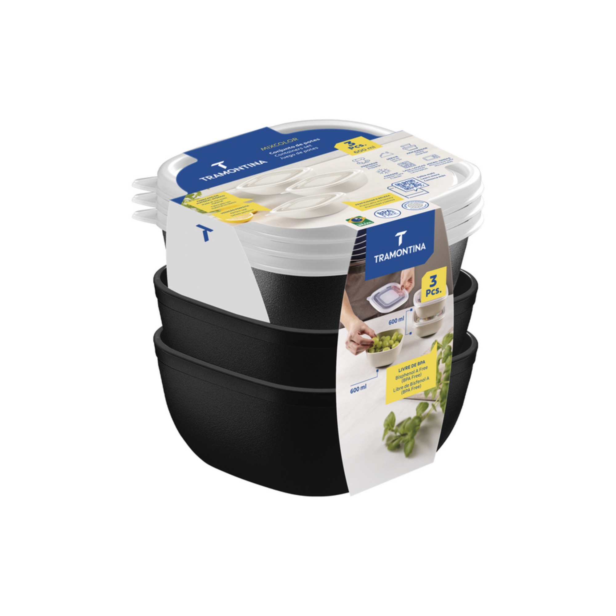 Jogo de Potes Mixcolor 3 Peças 600ml Preto com Tampa Tramontina - 25098002
