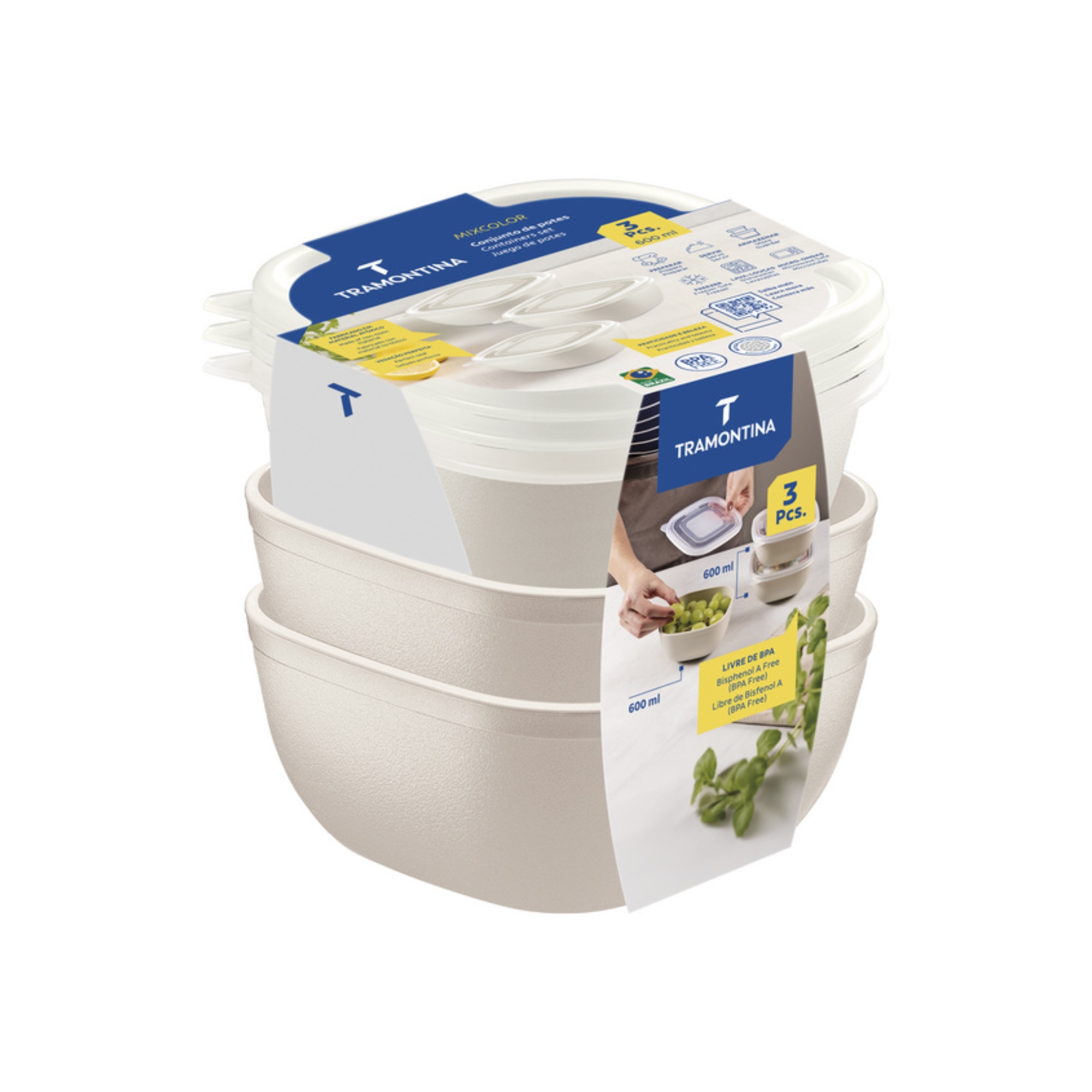 Jogo de Potes Mixcolor 3 Peças 600ml Algodão Tramontina - 25098302