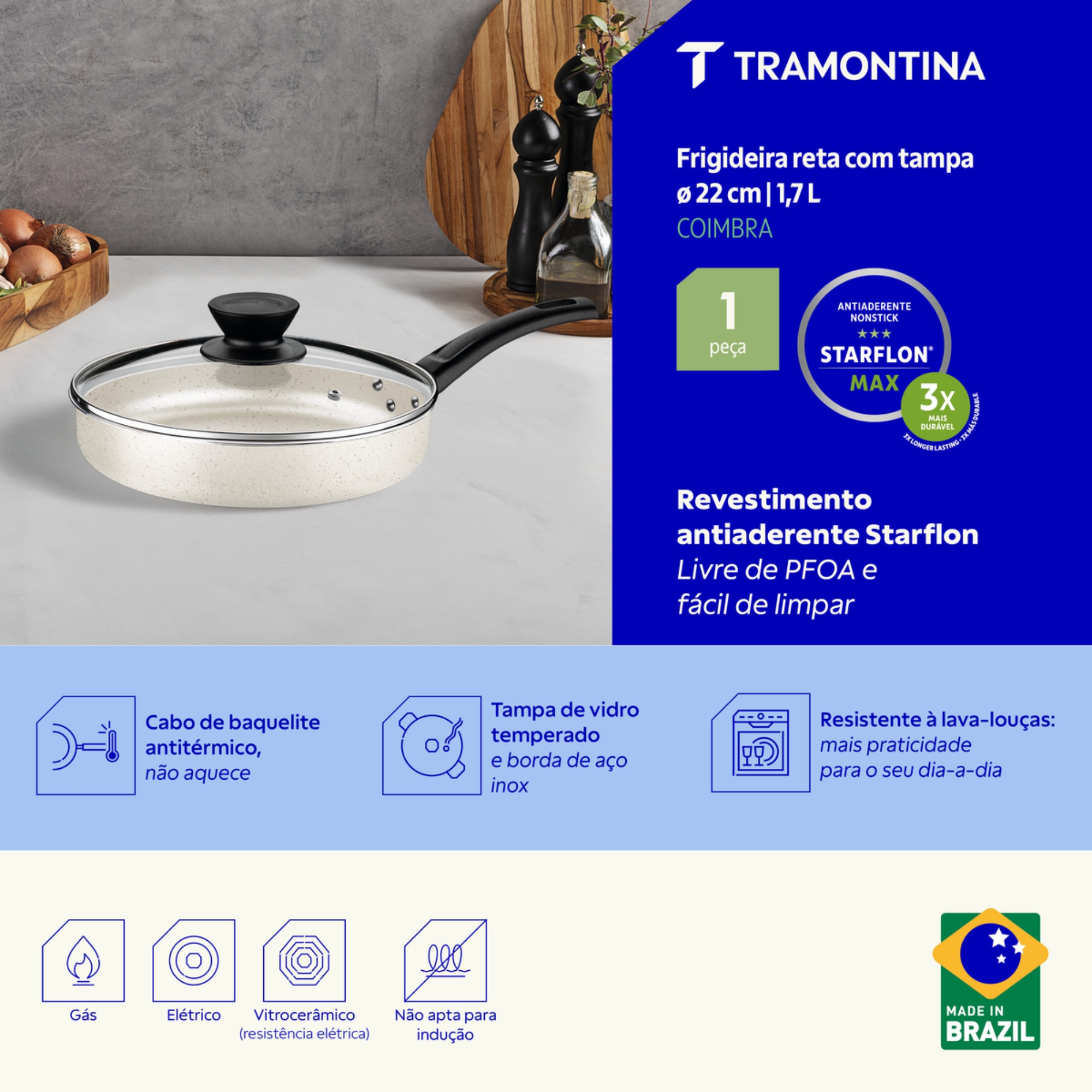 Frigideira Reta Coimbra 22cm 1,7L Antiaderente Bege Tramontina - 27805359
