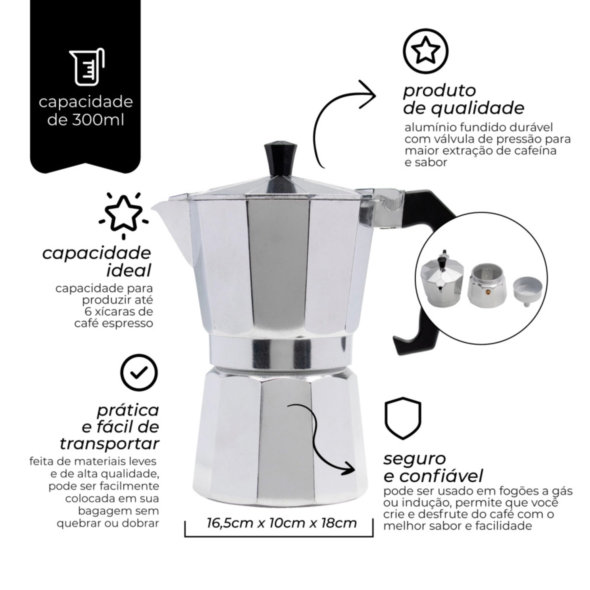 Cafeteira Italiana Moka de Alumínio 280ml 6 cafezinhos Mimo Style - 294