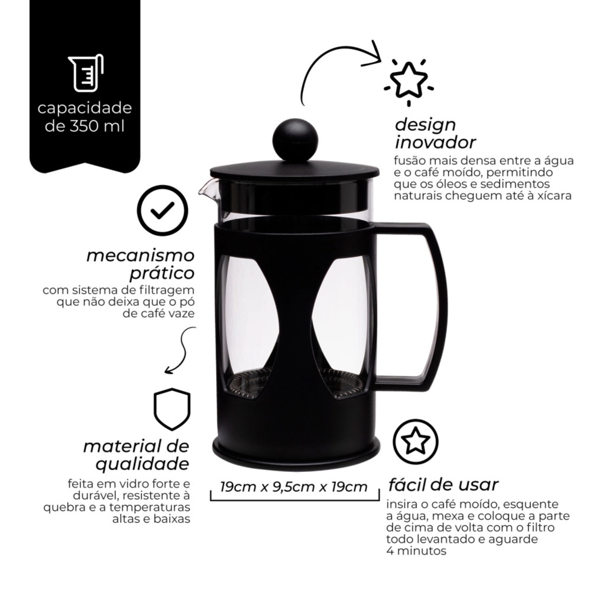 Cafeteira Prensa Francesa 600ml Preta Mimo Style - 6117