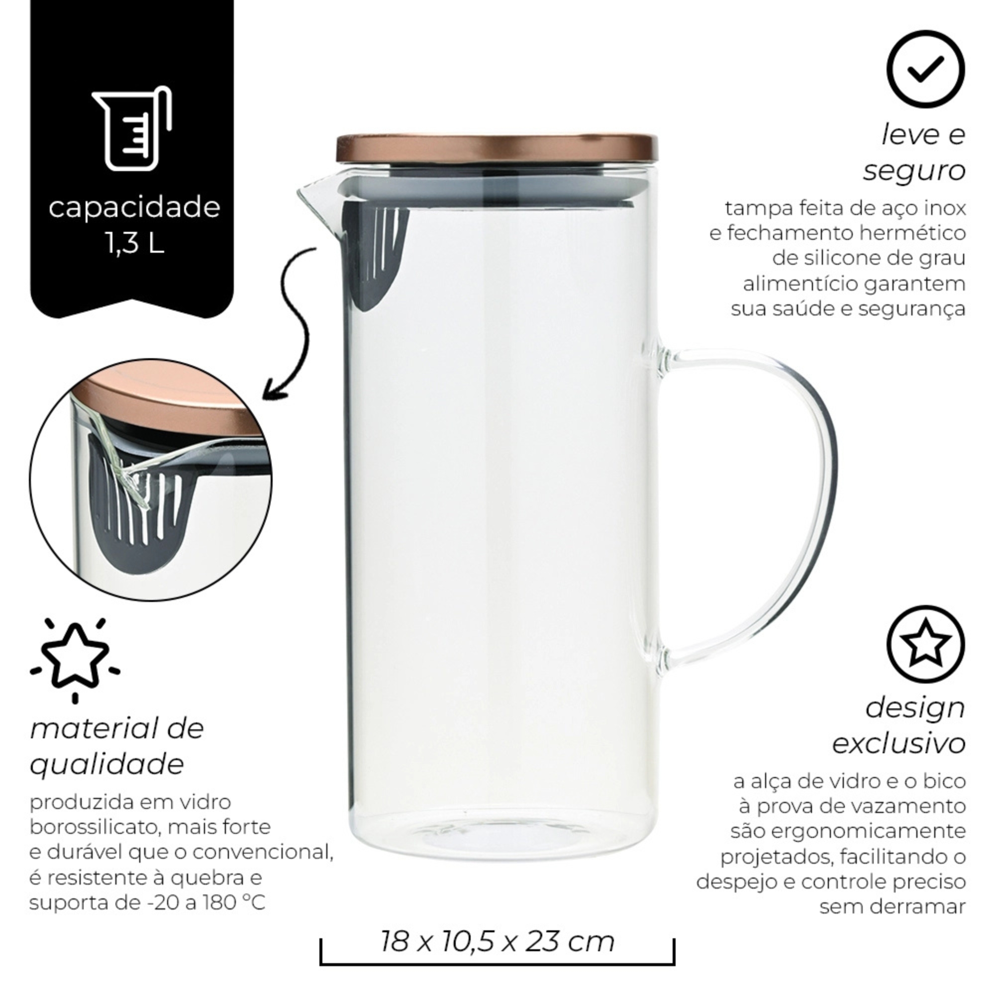 Jarra de Vidro Borossilicato 1,3L com Tampa de Bambu Mimo Style - 6393