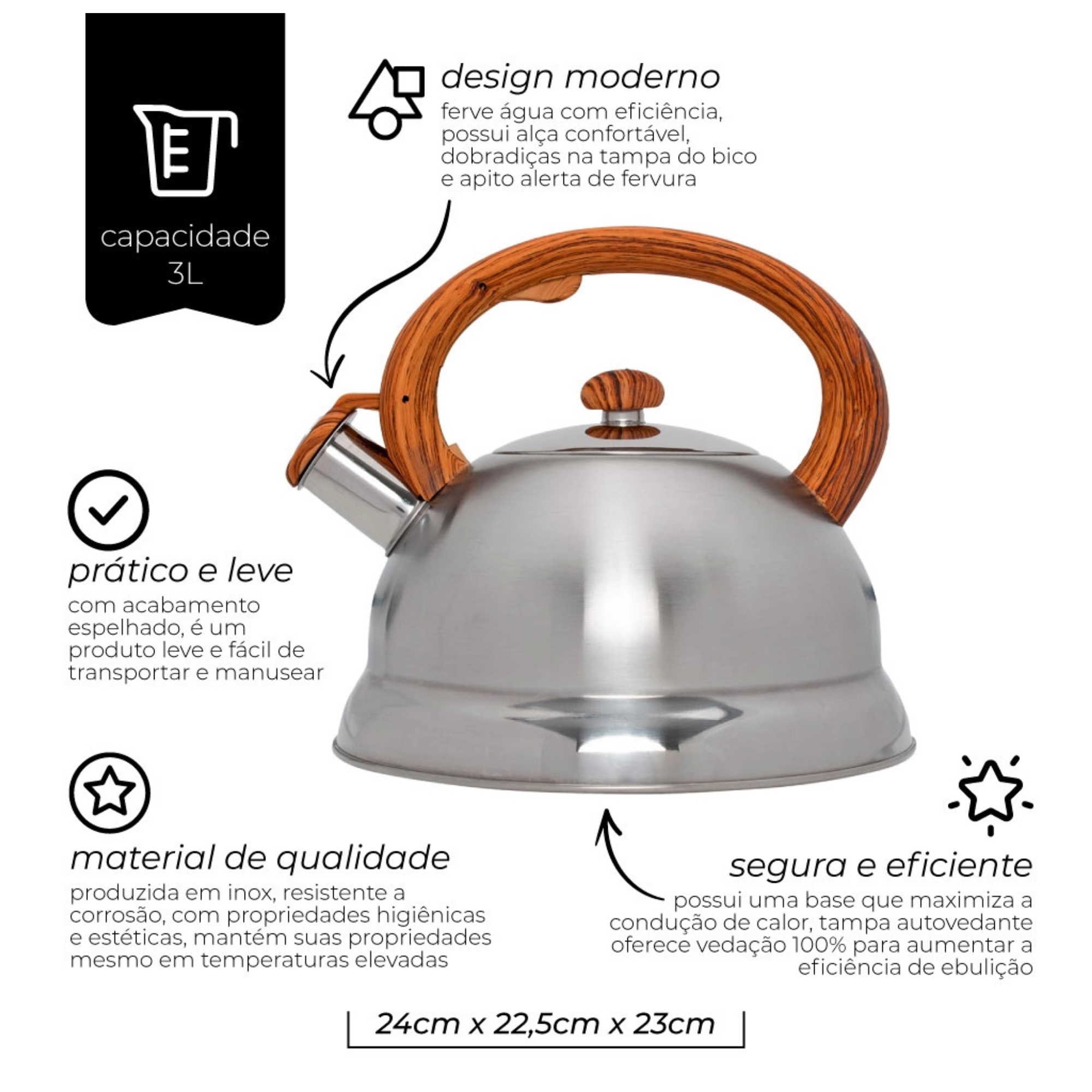 Chaleira de Inox com Alça de Bambu 2L Mimo Style - 6837