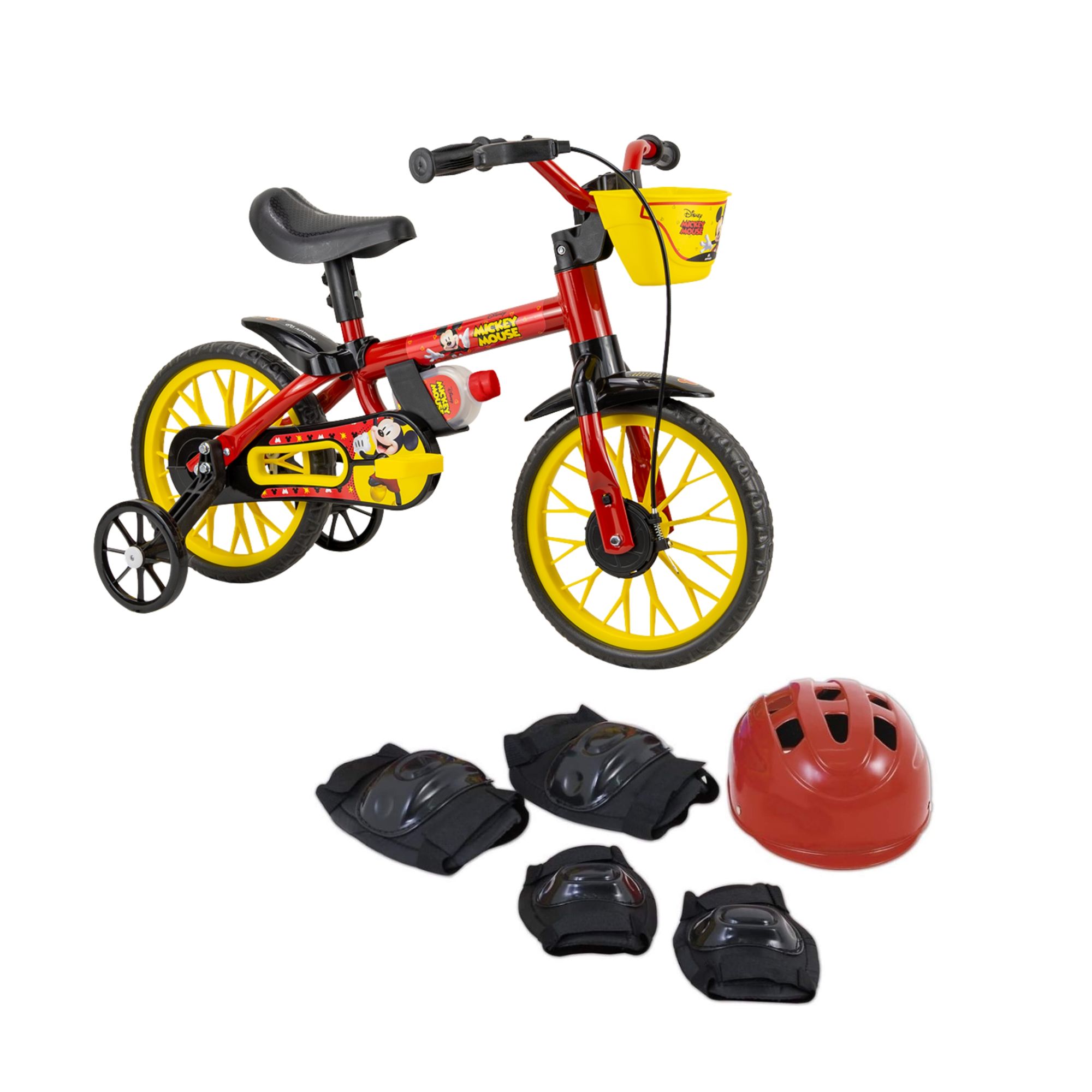 Kit Bicicleta Infantil Aro 12 Mickey Nathor com Rodinhas + Kit de Proteção Infantil 3X1