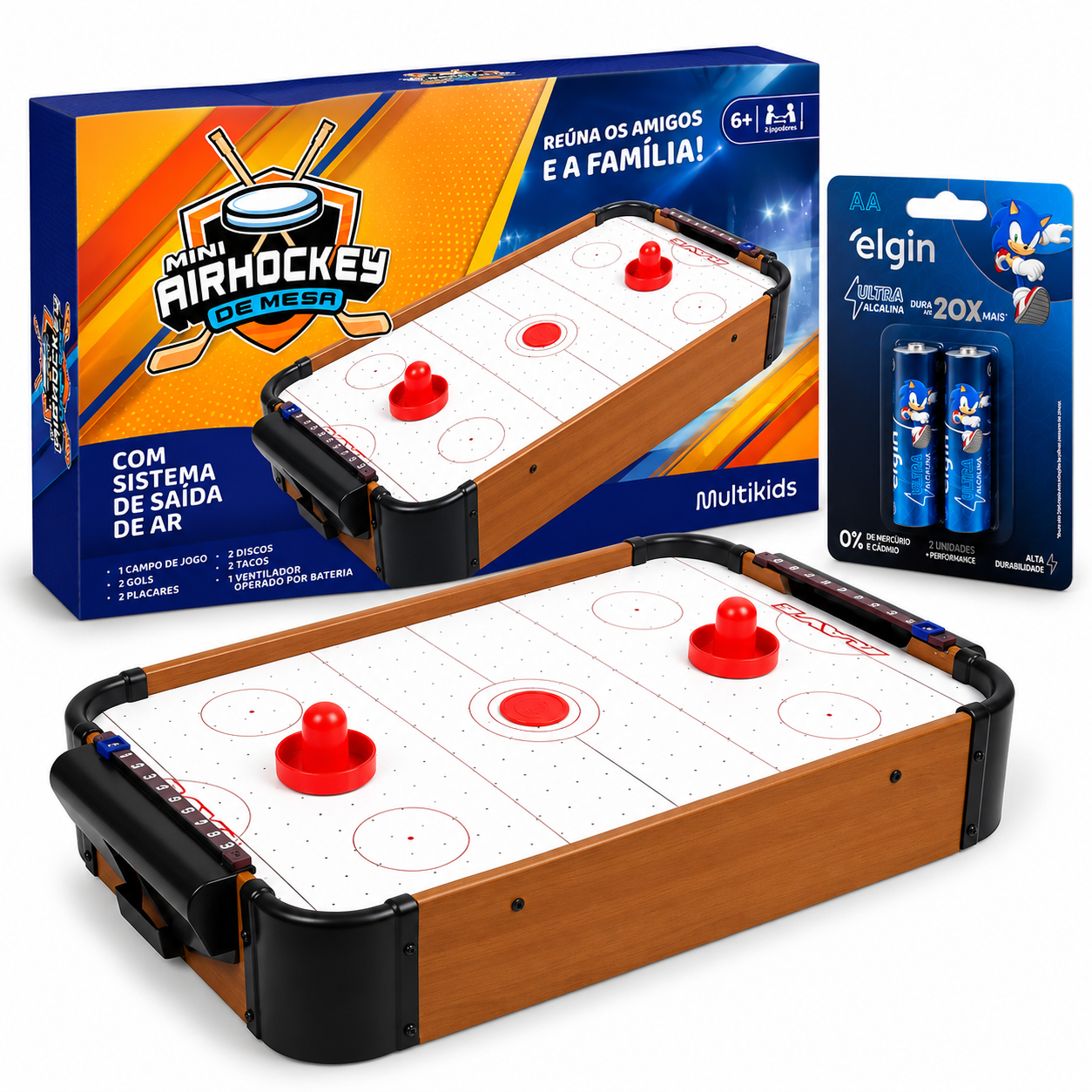Kit Mini Air Hockey Multikids + 2 Pilhas AA Elgin