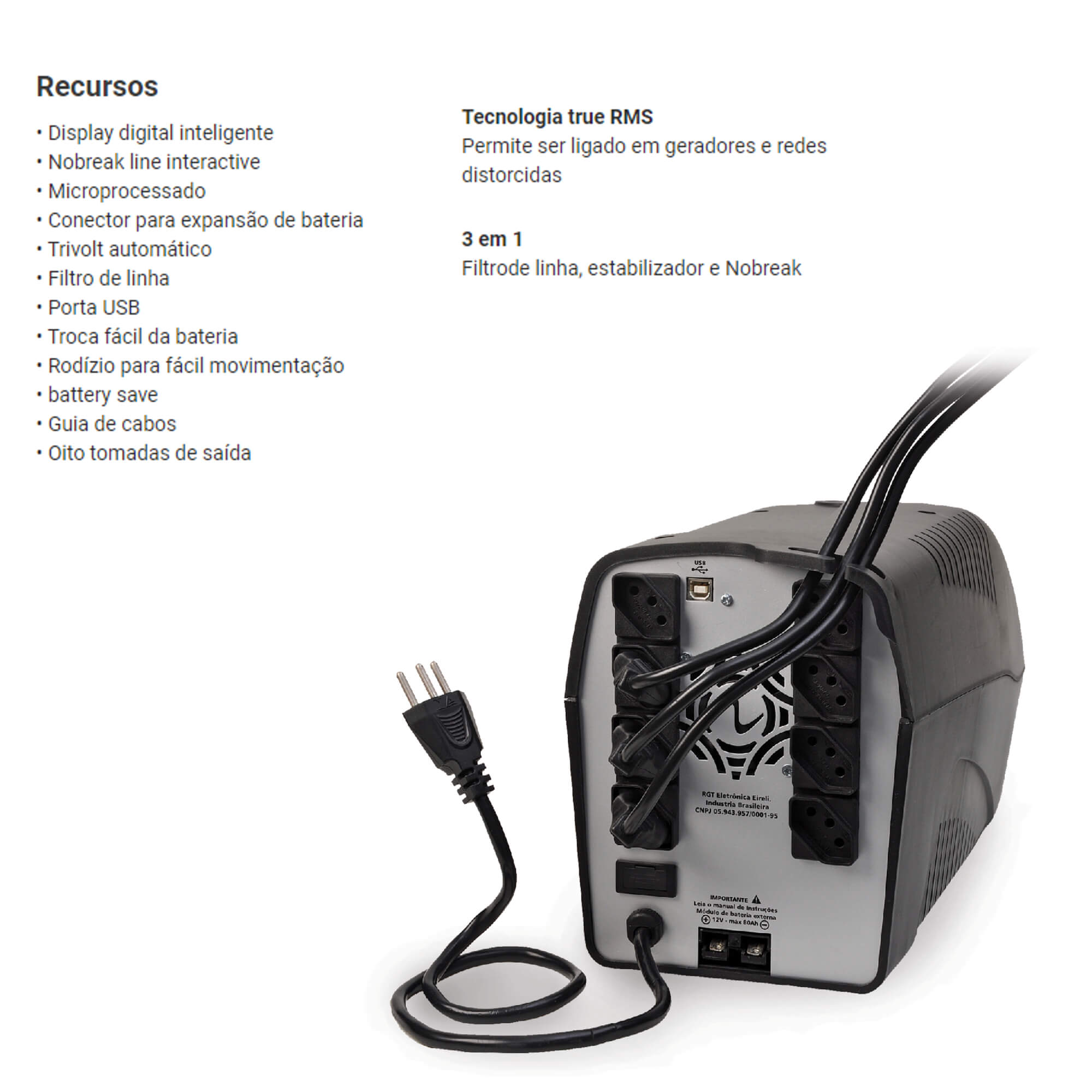 Nobreak Ragtech 2000VA CBUTI 20NEJ4222 Easy Jet Preto Trivolt 8 tomadas Sensor de temperatura