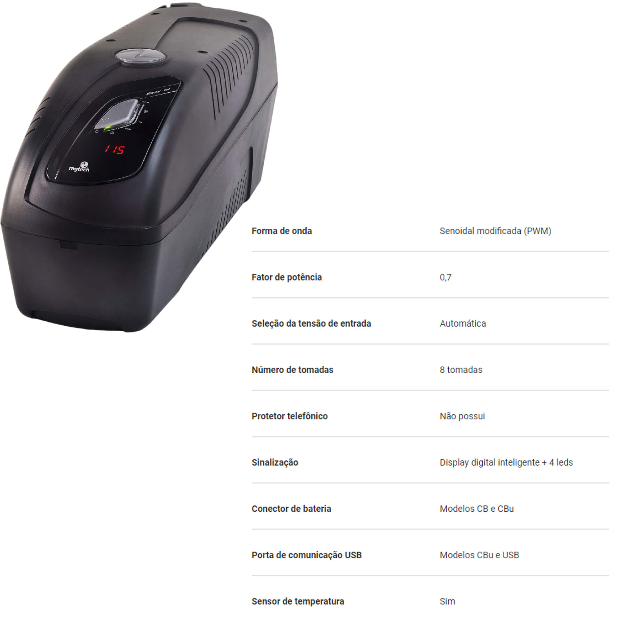 Nobreak Ragtech 2000VA CBUTI 20NEJ4222 Easy Jet Preto Trivolt 8 tomadas Sensor de temperatura