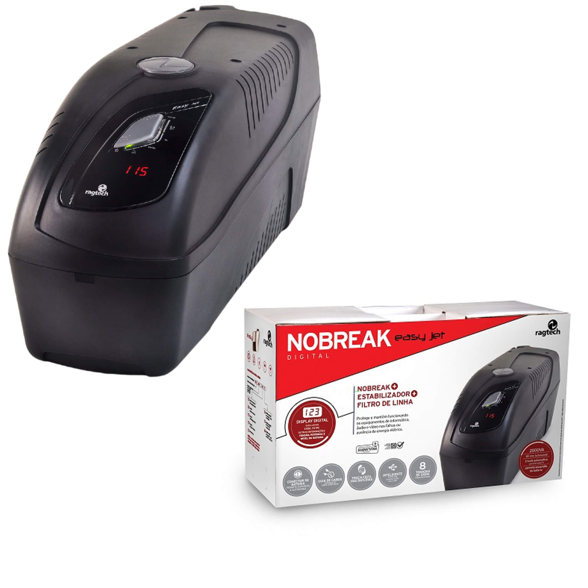 Nobreak Ragtech 2000VA CBUTI 20NEJ4222 Easy Jet Preto Trivolt 8 tomadas Sensor de temperatura